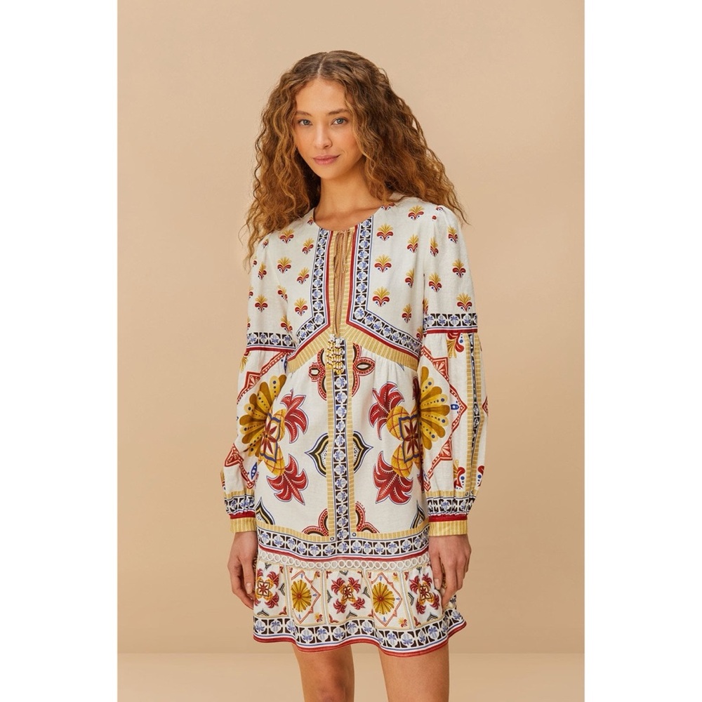 Farm Rio Marys Tiles Euroflax Mini Dress Split Neck Beads Boho NWT Sz M